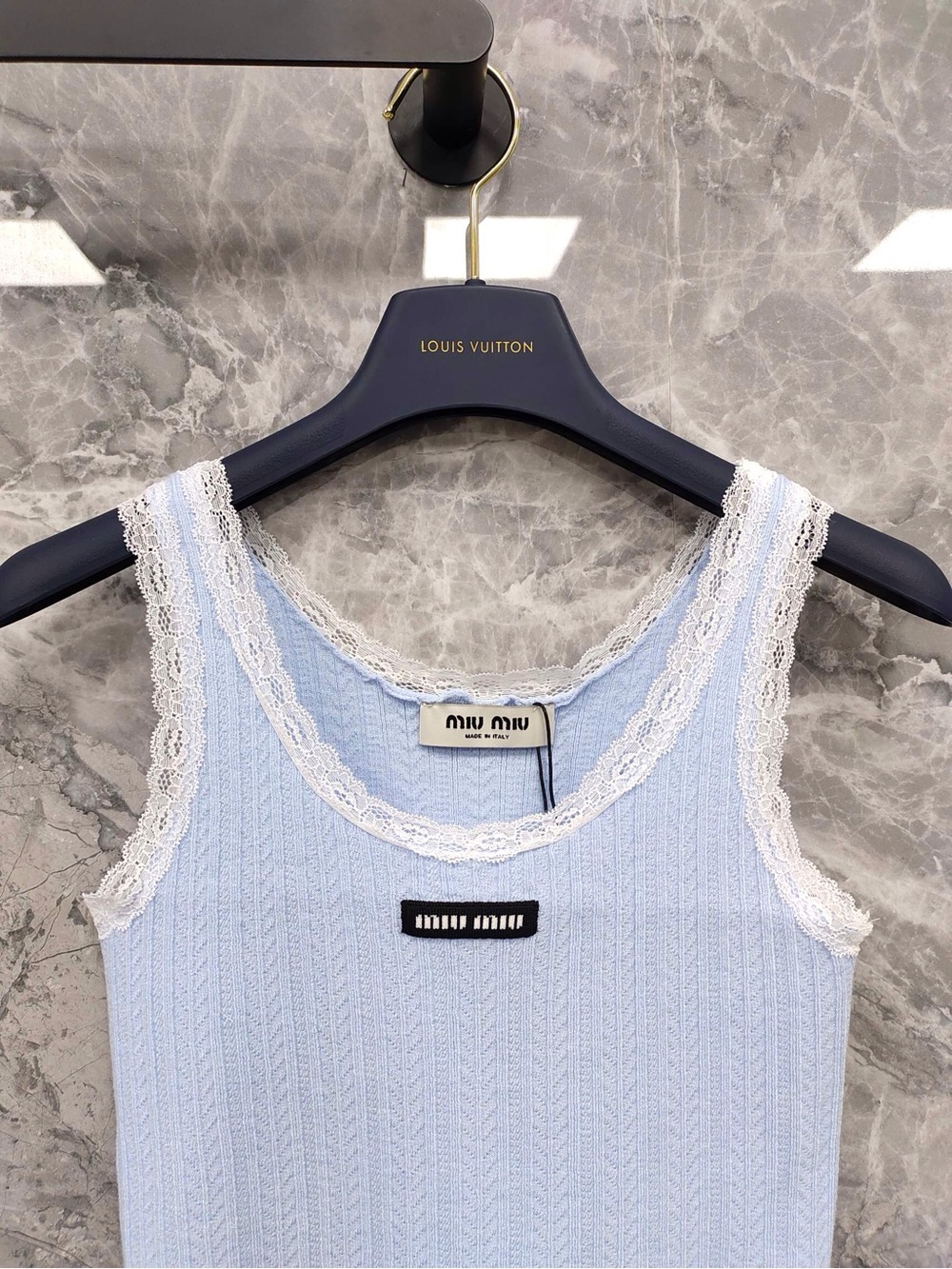 Miu Miu Baby Blue Ribbed Lace-Trim Camisole - Picture 3 of 9
